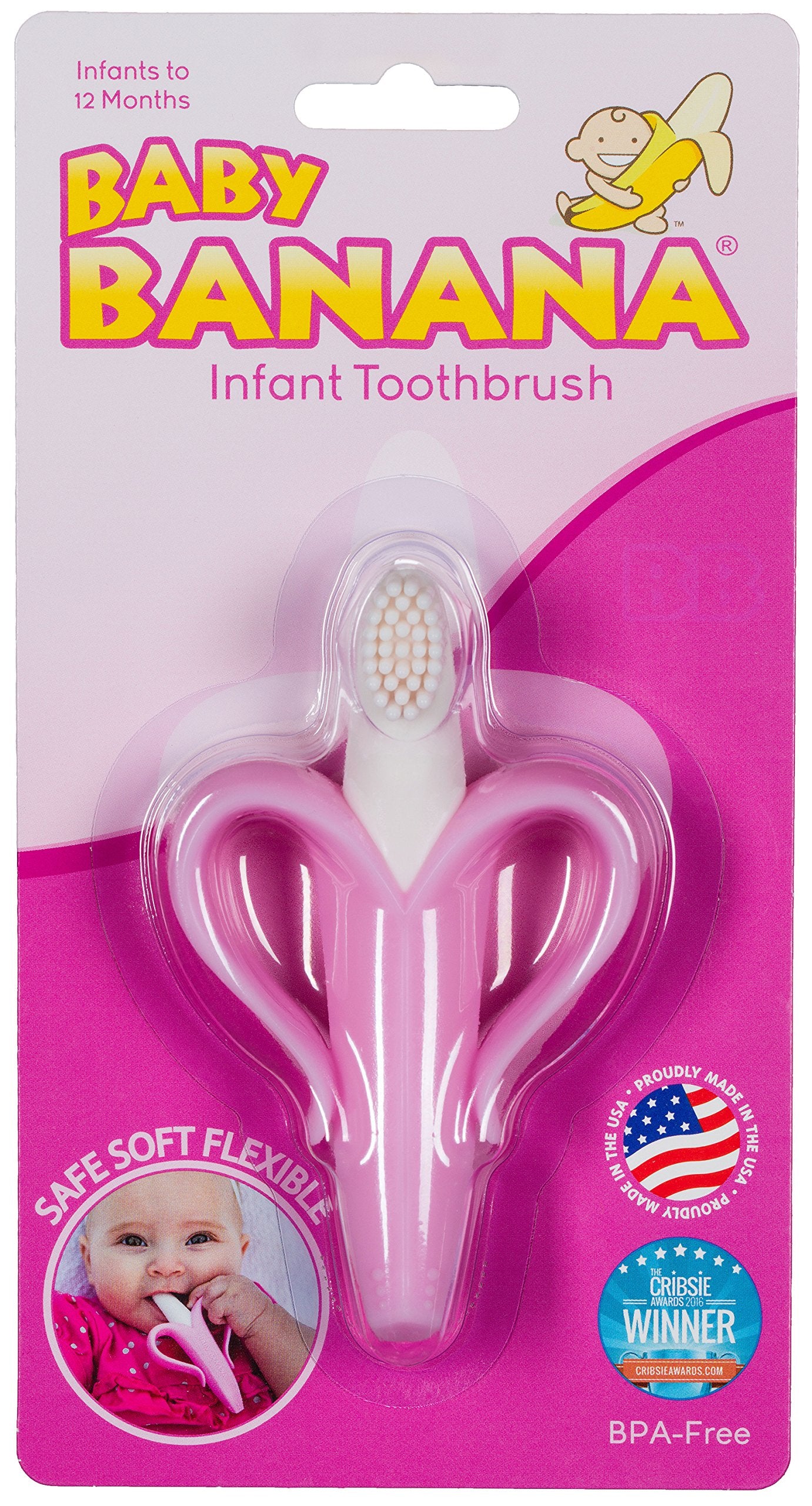Baby Banana®Pink Teether-Toothbrush, Infant to Toddler, Made in USA, Butter-Soft Bristles for Gums and Teeth, Bendable Food Grade Silicone