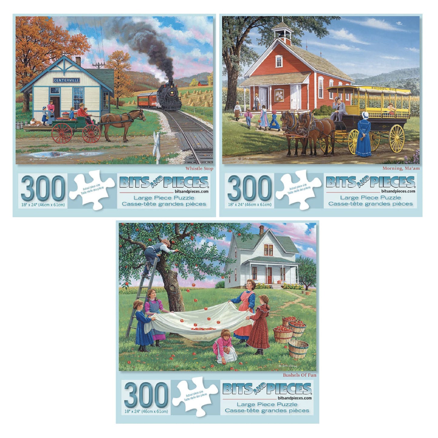 Bits and Pieces - Value Set of Three Large 300 Piece Jigsaw Puzzles for Adults - Sunny Season Collection by Artist John Sloane, Completed Puzzle Size