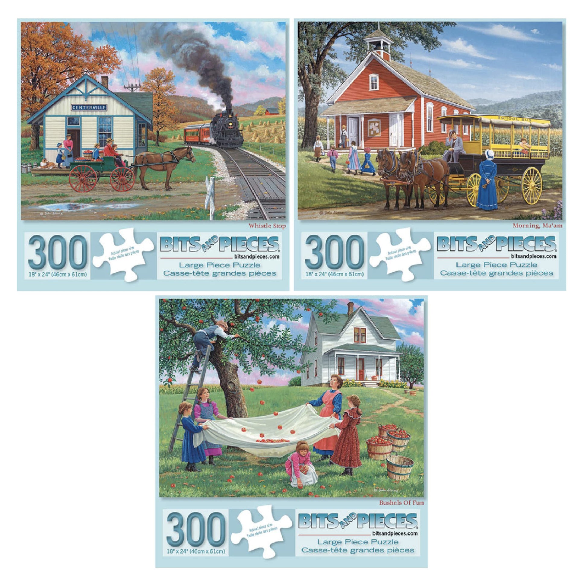 Bits and Pieces - Value Set of Three Large 300 Piece Jigsaw Puzzles for Adults - Sunny Season Collection by Artist John Sloane, Completed Puzzle Size