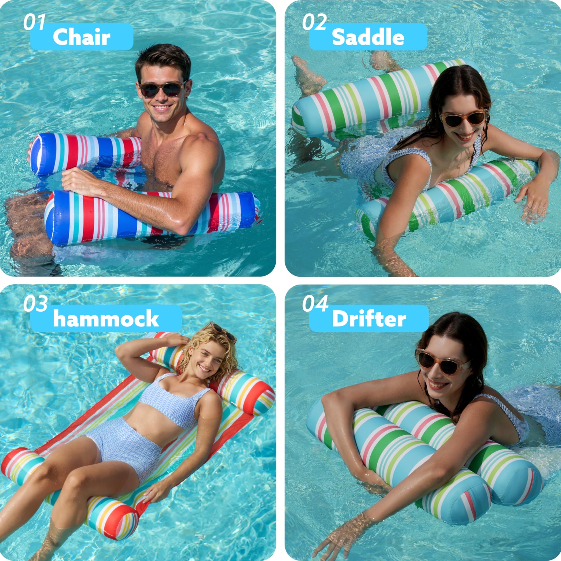 Sloosh 3 Pack 4-in-1 Inflatable Pool Floats Hammock, Water Lounges, Multi-Purpose Swimming Pool Accessories (Saddle, Lounge, Hammock, Drifter), Lake