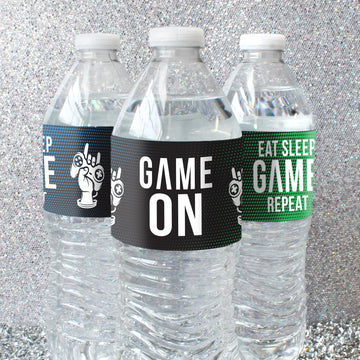 DISTINCTIVS Gamer Birthday Party Favors - Video Game Water Bottle Labels - 20 Waterproof Stickers for Gaming Birthday Party Decorations and Supplies