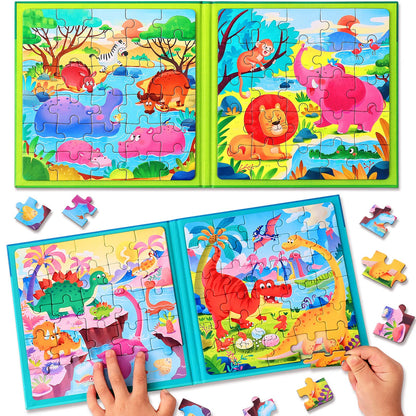 Magnetic Puzzles for Kids Ages 3-5, Two-Book Set, Dinosaur Animal Jigsaw Puzzle Magnet Books Travel Games Montessori Preschool Learning Activities