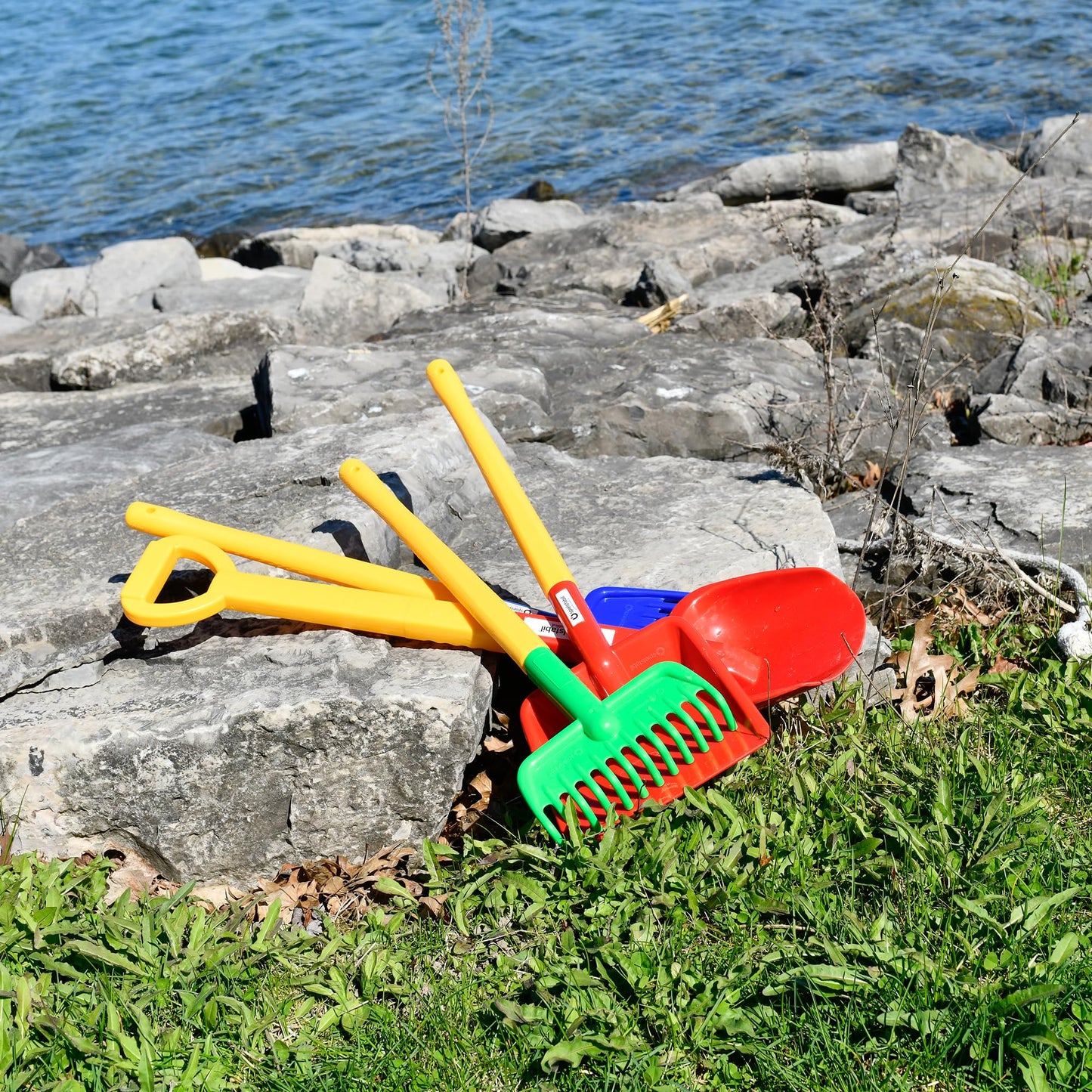 Spielstabil Four Seasons Pack of Sand Toys - Children's & Toddler Outdoor Toys, Long Handled Beach Shovel, Leaf Rake, Flat Snow Shovel & Garden Rake