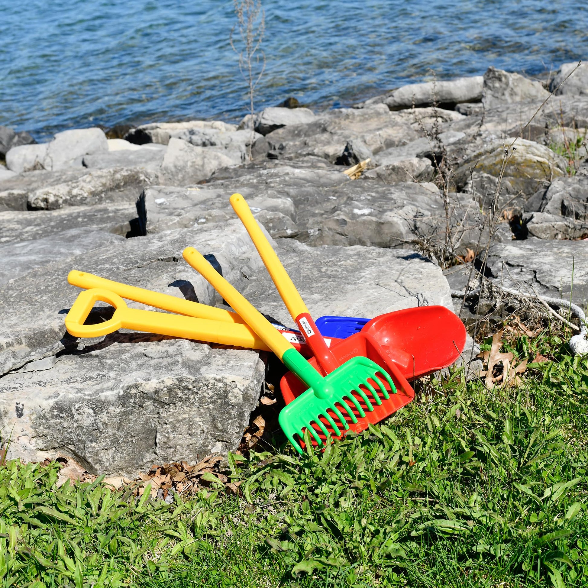 Spielstabil Four Seasons Pack of Sand Toys - Children's & Toddler Outdoor Toys, Long Handled Beach Shovel, Leaf Rake, Flat Snow Shovel & Garden Rake