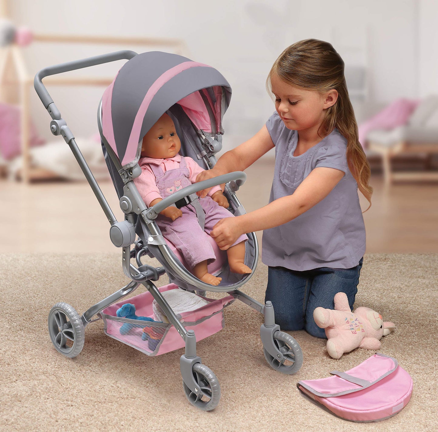 Badger Basket Foldable Doll Stroller & Pram for Dolls - Convertible Toy with Canopy, Basket & Soft Handle - Lightweight, Easy to Use for Girls Ages