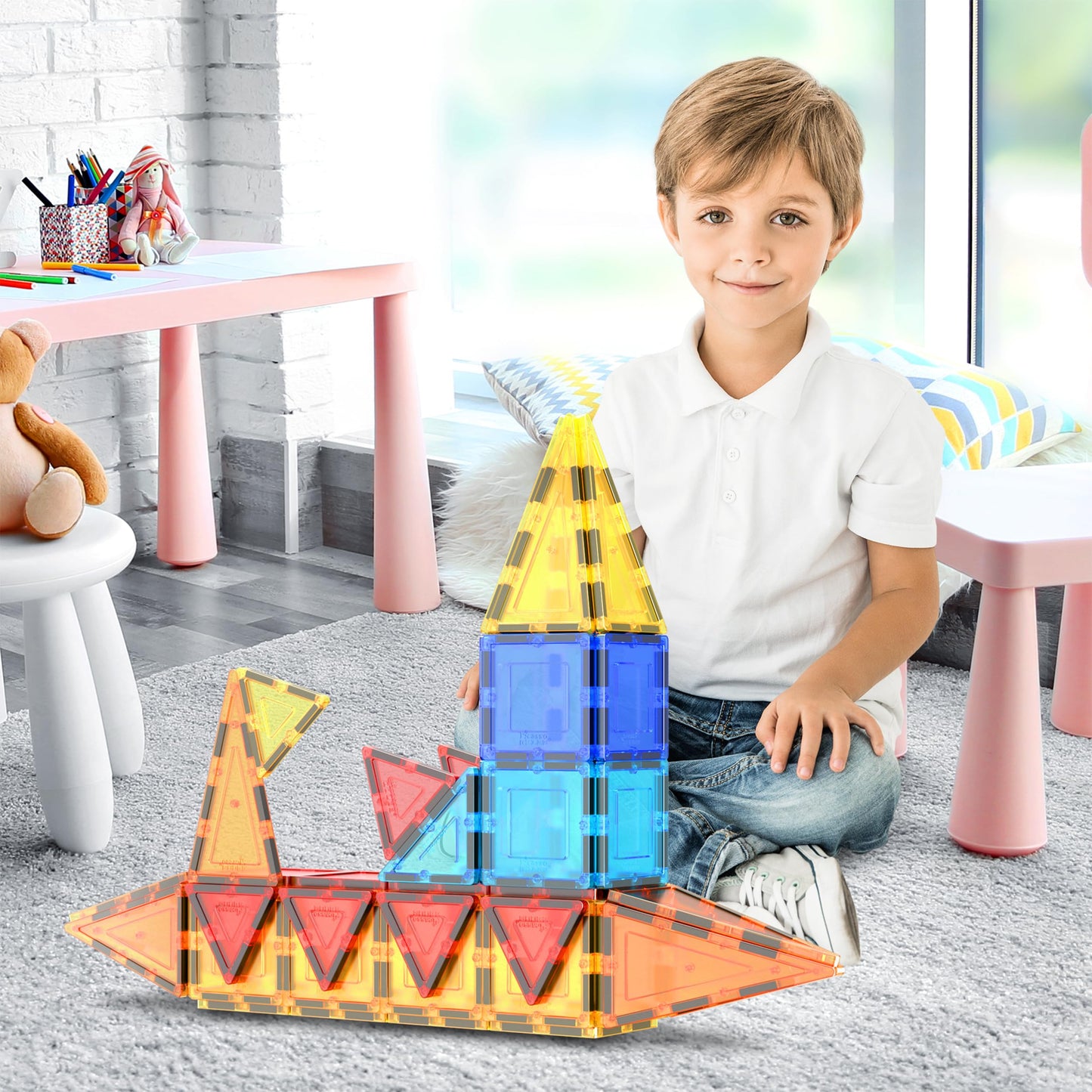 PicassoTiles 60 Piece Set 60pcs Magnet Building Tiles Clear Magnetic 3D Blocks Construction Playboards - Creativity Beyond Imagination, Inspirational