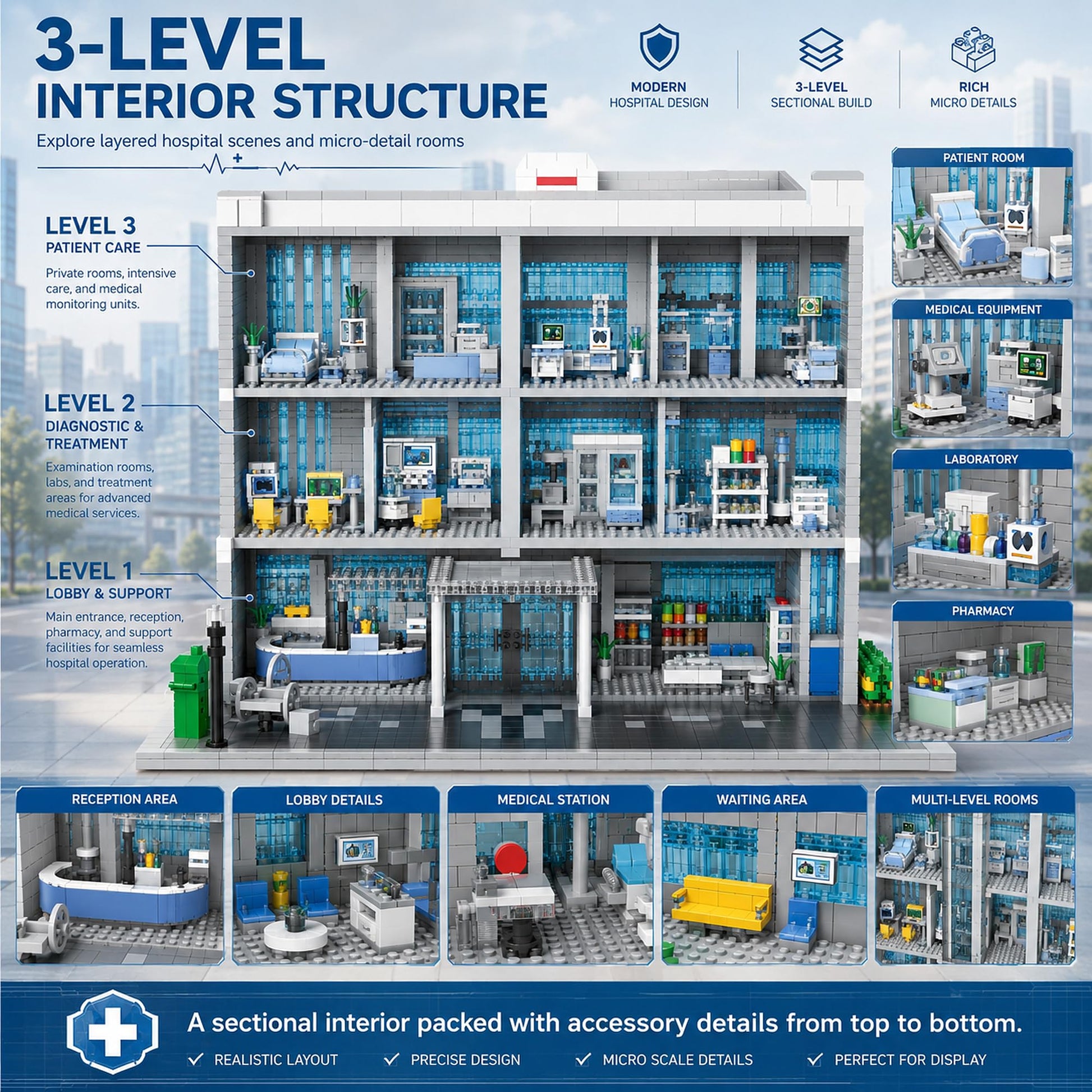 LQPFBSM Hospital Architecture Model Micro Mini Building Block Set 1350 Pieces Modern City Medical Center Building Set Detailed Open-Back Clinic