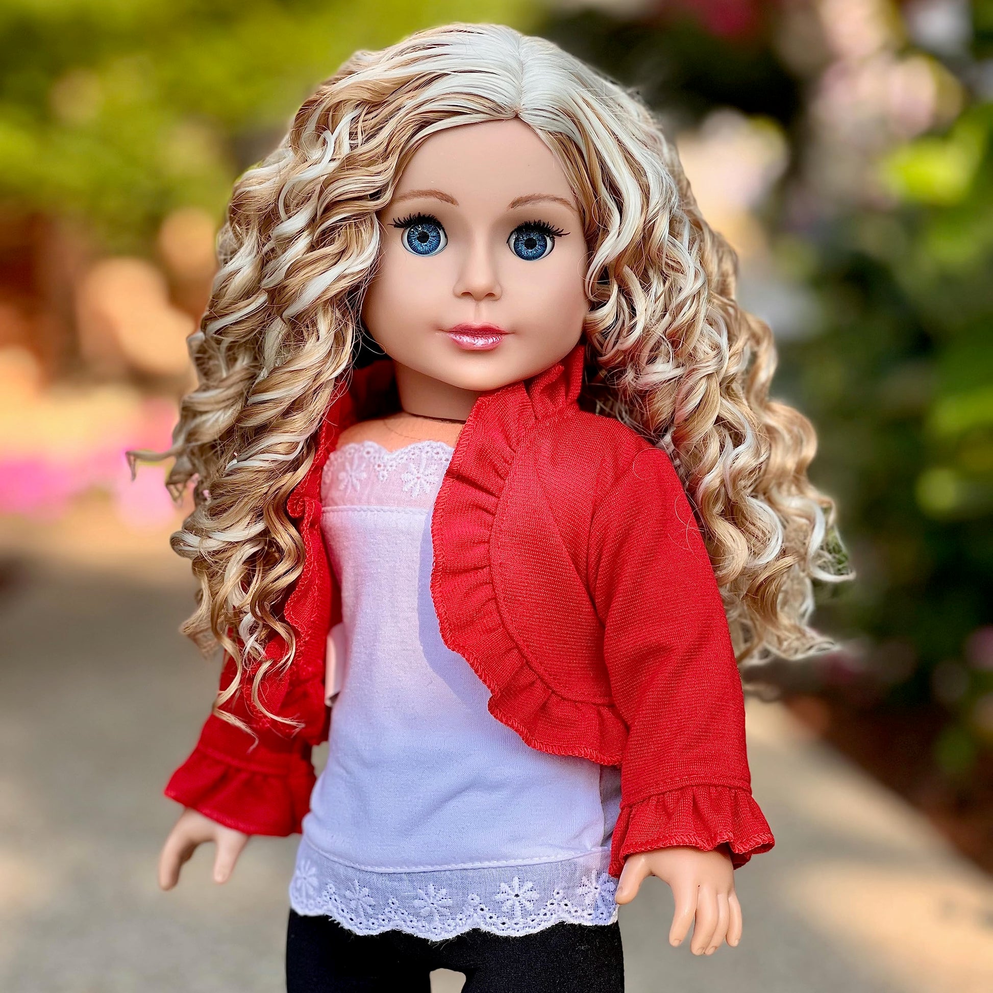 Uptown Girl - 4 Piece Outfit - Red Ruffled Jacket, White Tank Top, Black Leggings and Boots - Clothes Fits 18 Inch Doll (Doll Not Included)