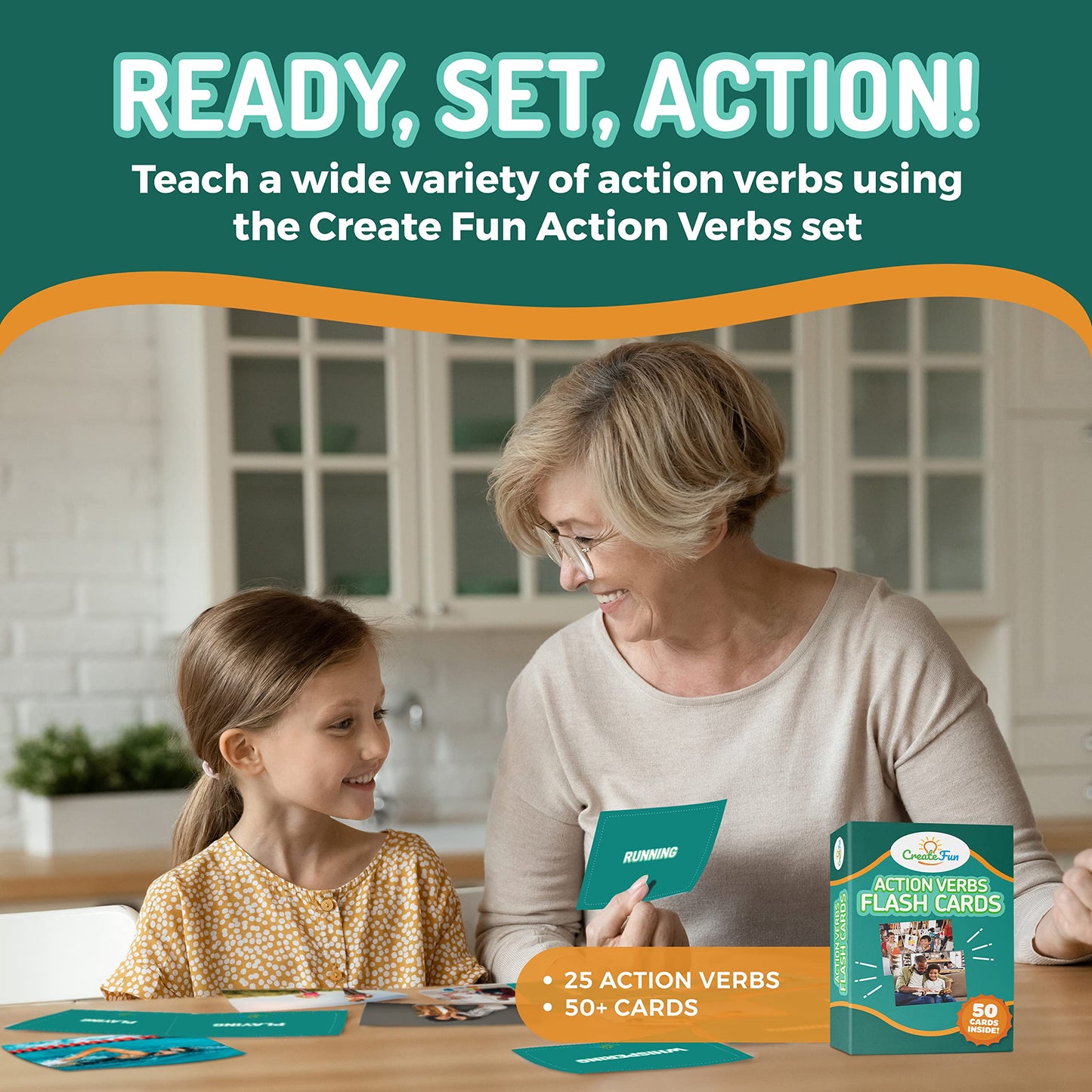 CreateFun 50 Action Verbs Flash Cards for Speech Therapy & ESL Vocabulary