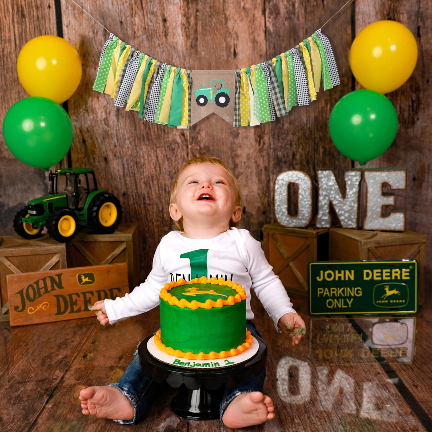 Farm High Chair Banner - Green Tractor 1st Birthday Party Decoration