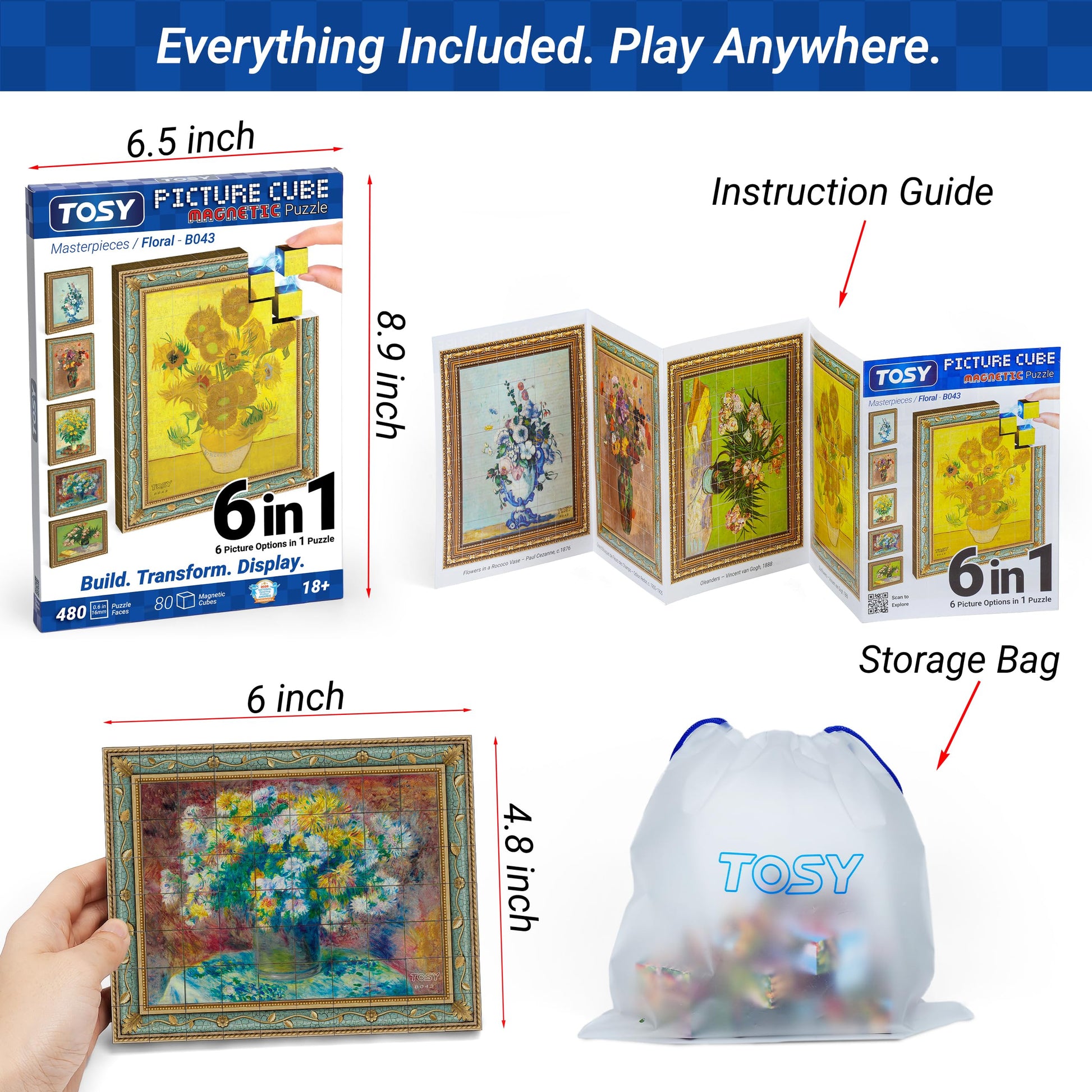 TOSY Picture Cube Floral Masterpieces: 6-in-1 Magnetic Picture Puzzle, 80 Blocks, 480 Puzzle Faces, 0.6in, B043, Seamless UV Art, Display-Ready Frame