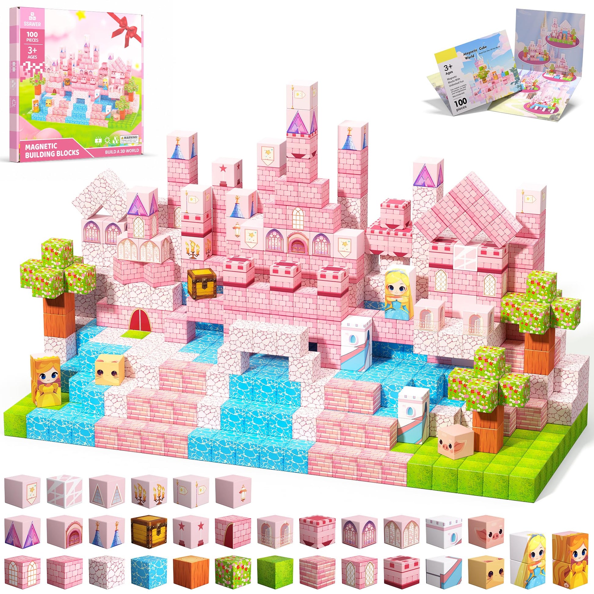 SSAWER Magnetic Blocks, 100PCS Magnetic Tiles Building Blocks, Magnet Cubes STEM Sensory Game Toys Christmas Birthday Gifts for Kids Girls Age 3+