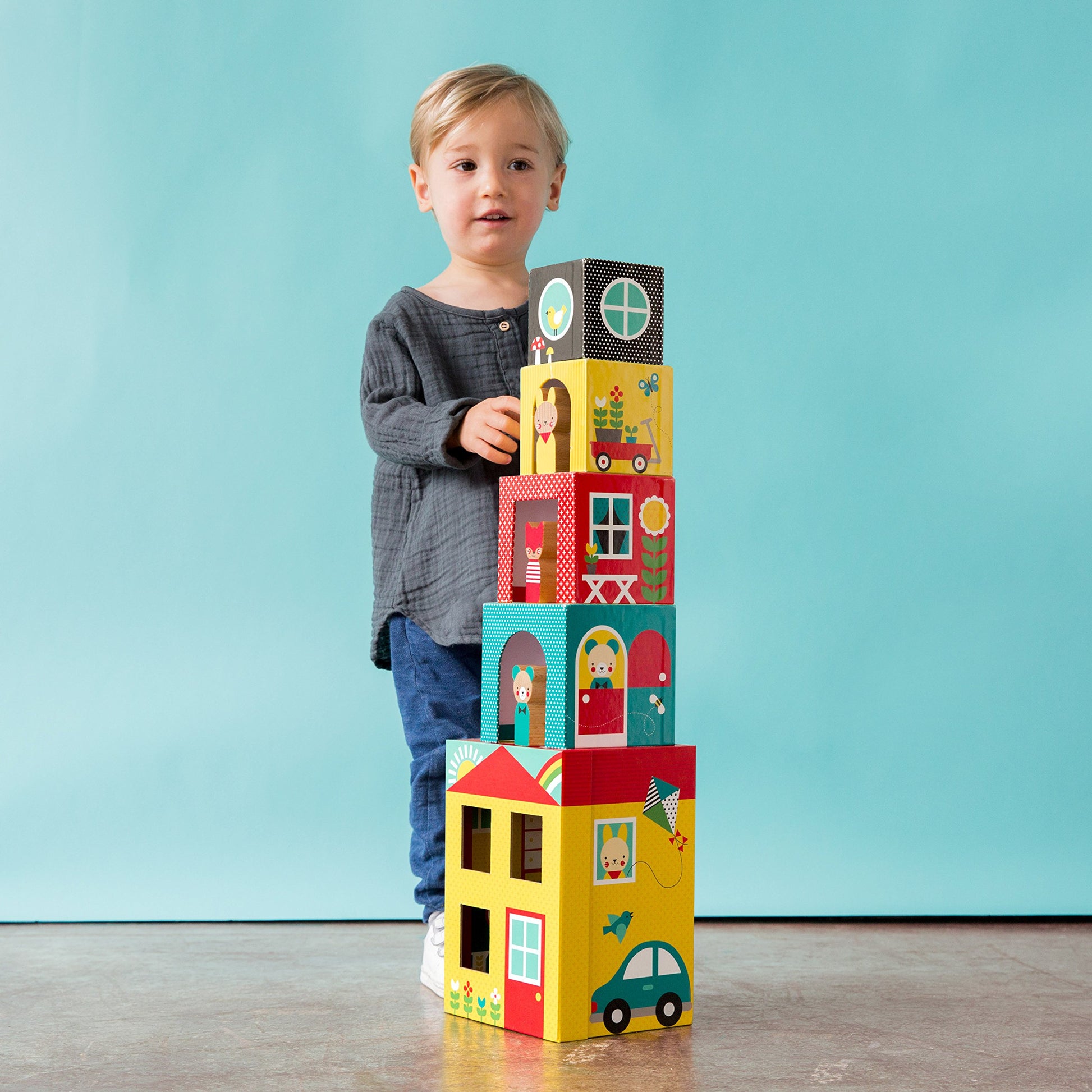 Petit Collage Peek-A-Boo Nesting and Stacking Blocks Playset, Includes 4 Stacking Boxes and 3 Wooden Characters - Easy Storage and Cute Illustrations