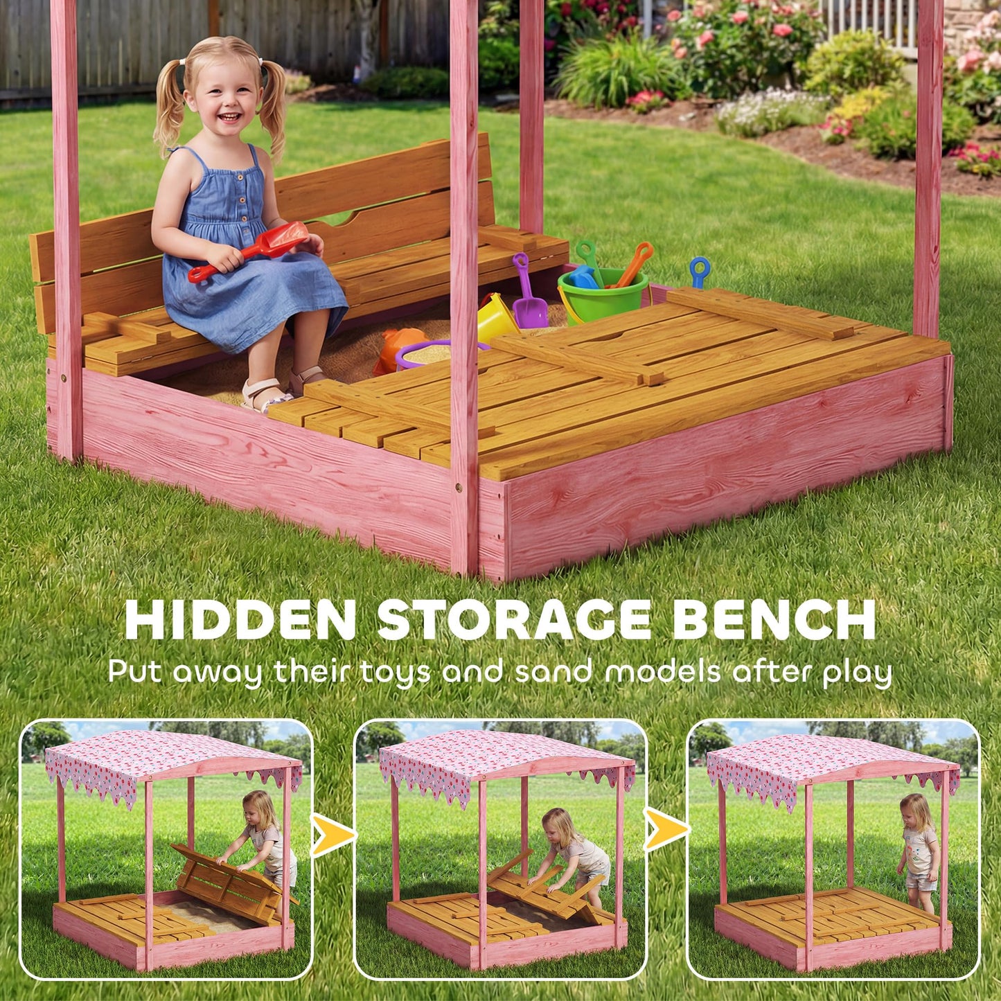 Qaba Wooden Sandbox with Cover Bench Seats Canopy for Kids Ages 3-6 Pink
