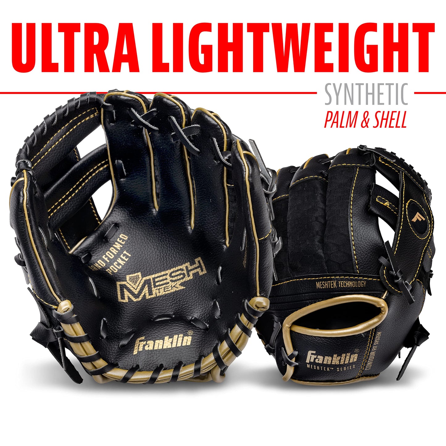 Franklin Sports Meshtek Teeball Fielding Glove with Ball - Right Hand Throw - 9.5" - Black/Gold