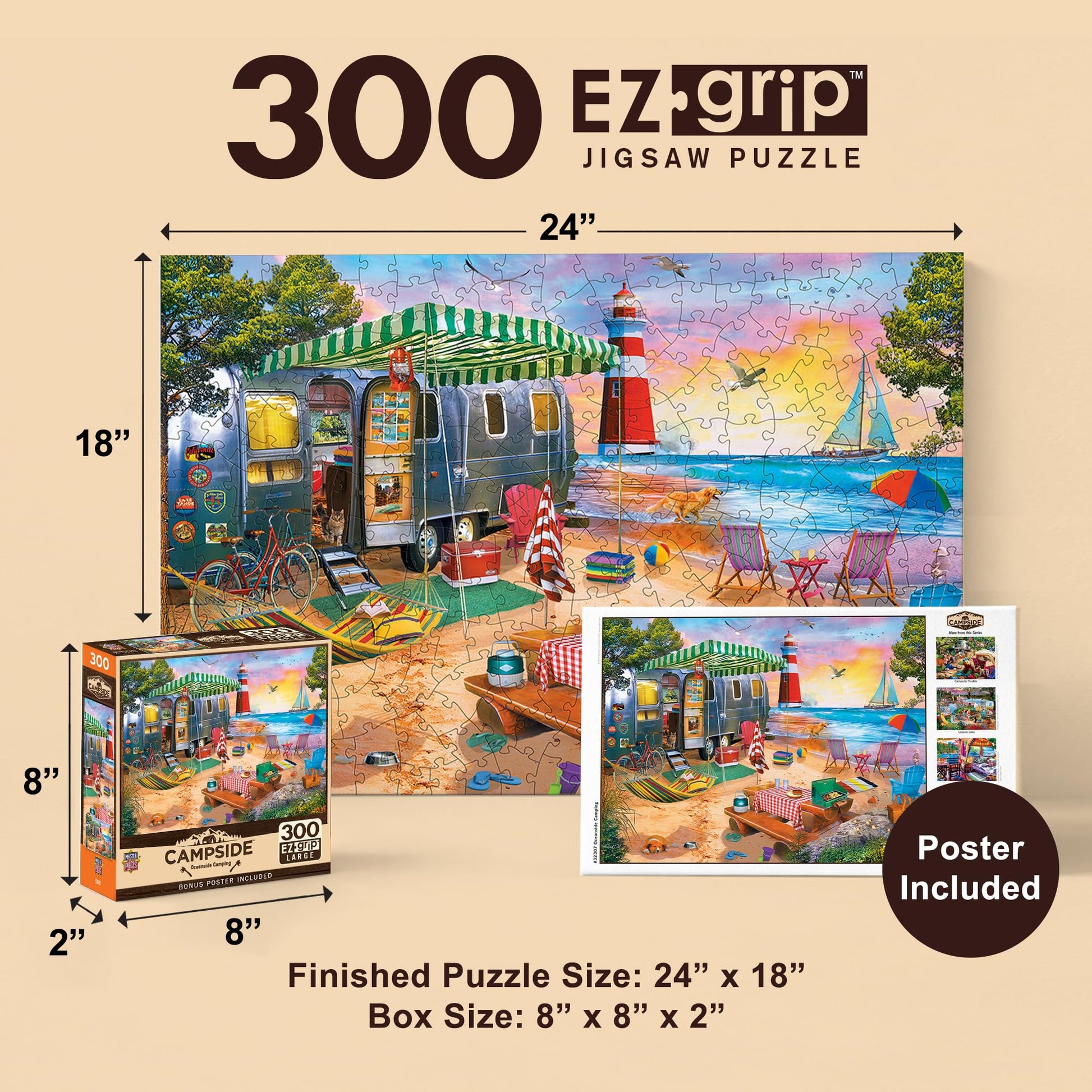 MasterPieces - 300 Piece Jigsaw Puzzle, Large EZ Grip Shapes, Oceanside Camping, Fun for Adults, Seniors, Family, Kids, Non-Glare Finish, 18"x24"