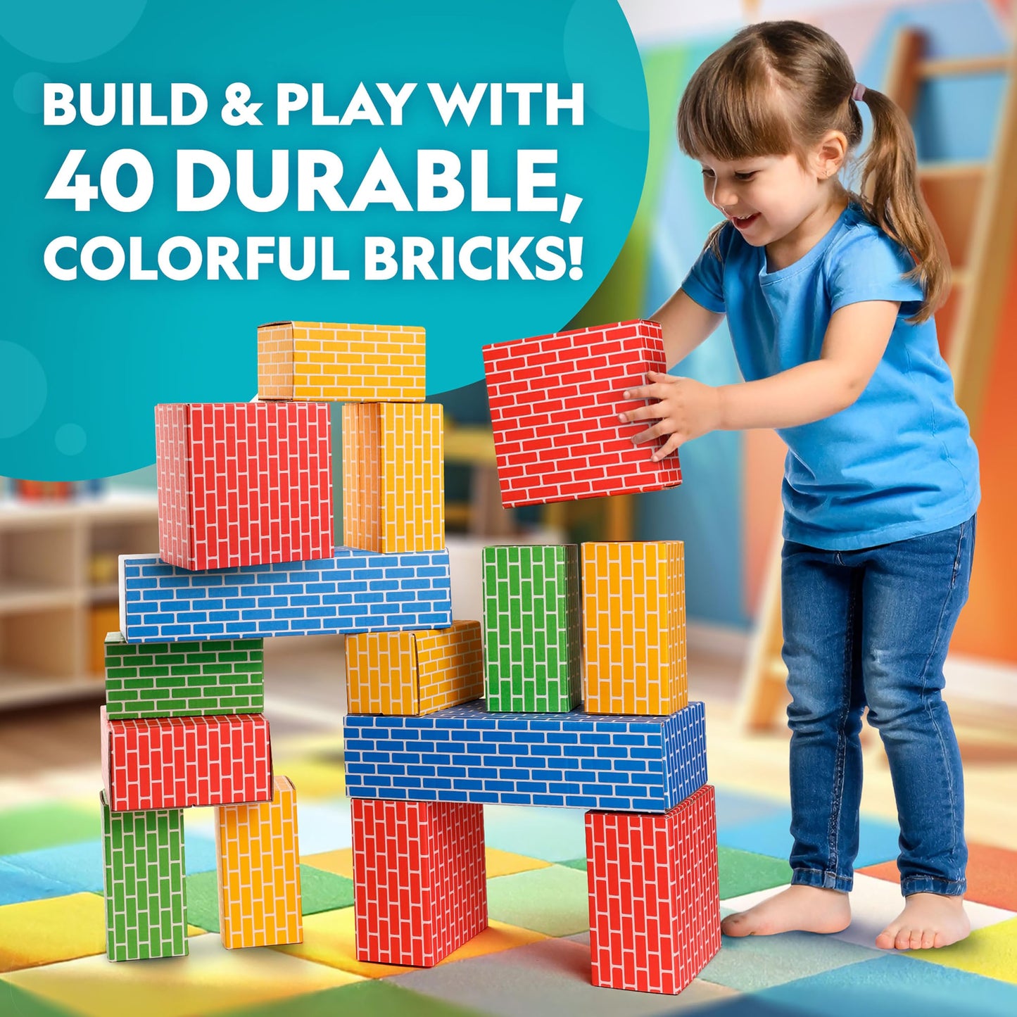 NATIONAL GEOGRAPHIC Kids Jumbo Cardboard Building Blocks - 40 Heavy-Duty Bricks in 3 Sizes, Build & Learn with Game Spinner & Activity Cards for Kids