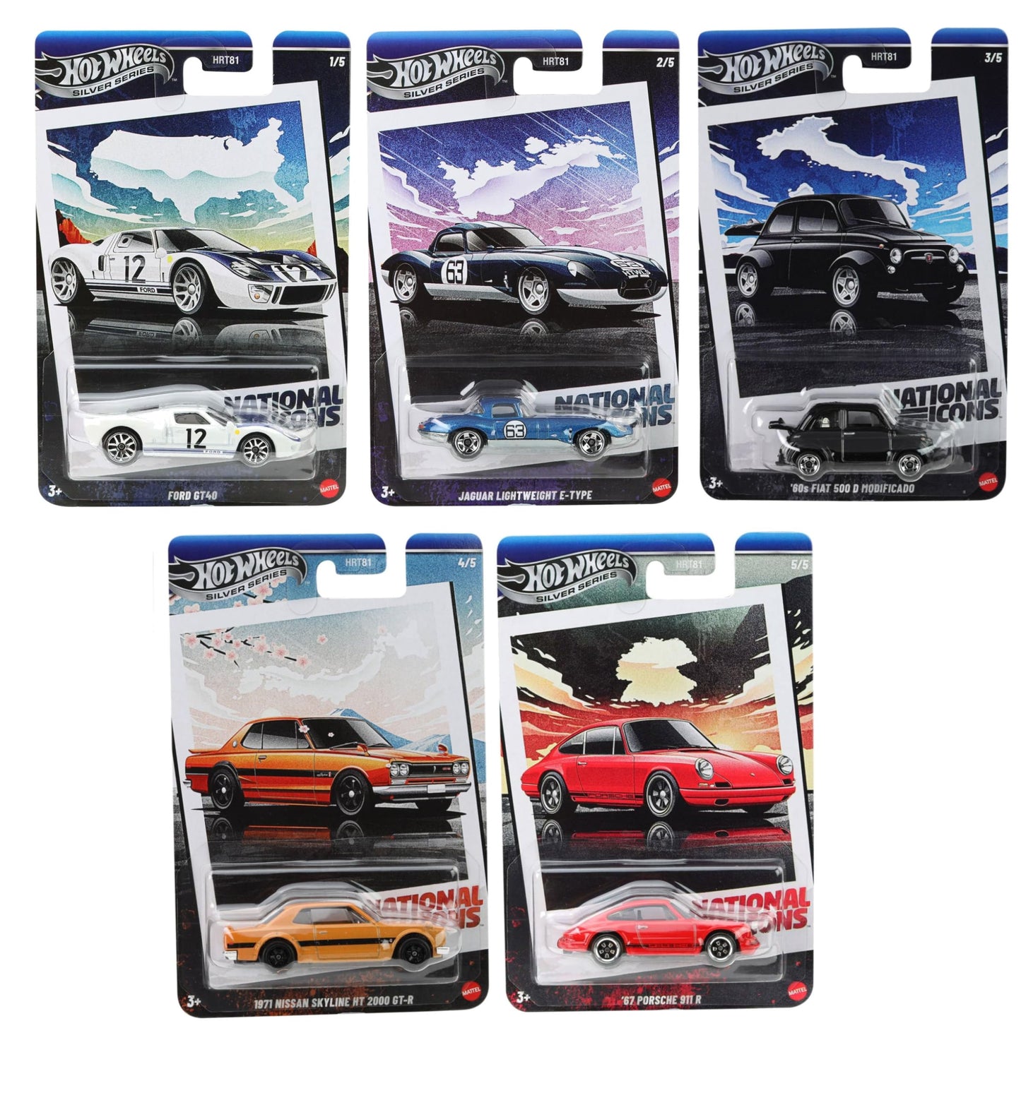 Hot Wheels National Icons Collection Silver Series - 5-Car Die?Cast Bundle, 1:64 Scale, Ages 3+ (HRT81?956G)