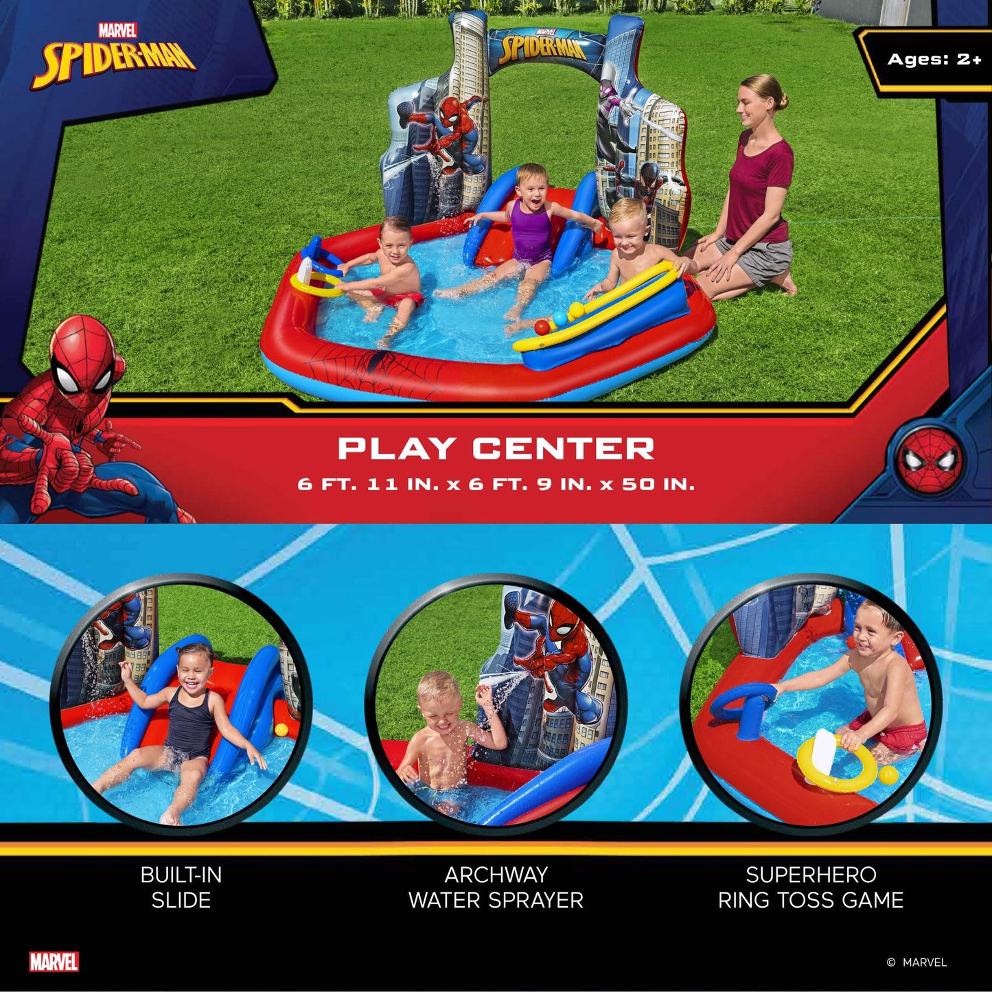 Marvel Spider-Man Inflatable Kids Backyard Water Play Center - Outdoor Sprayer Splash Kiddie Pool with Water Slide Arch, 6 Balls, Ring Toss