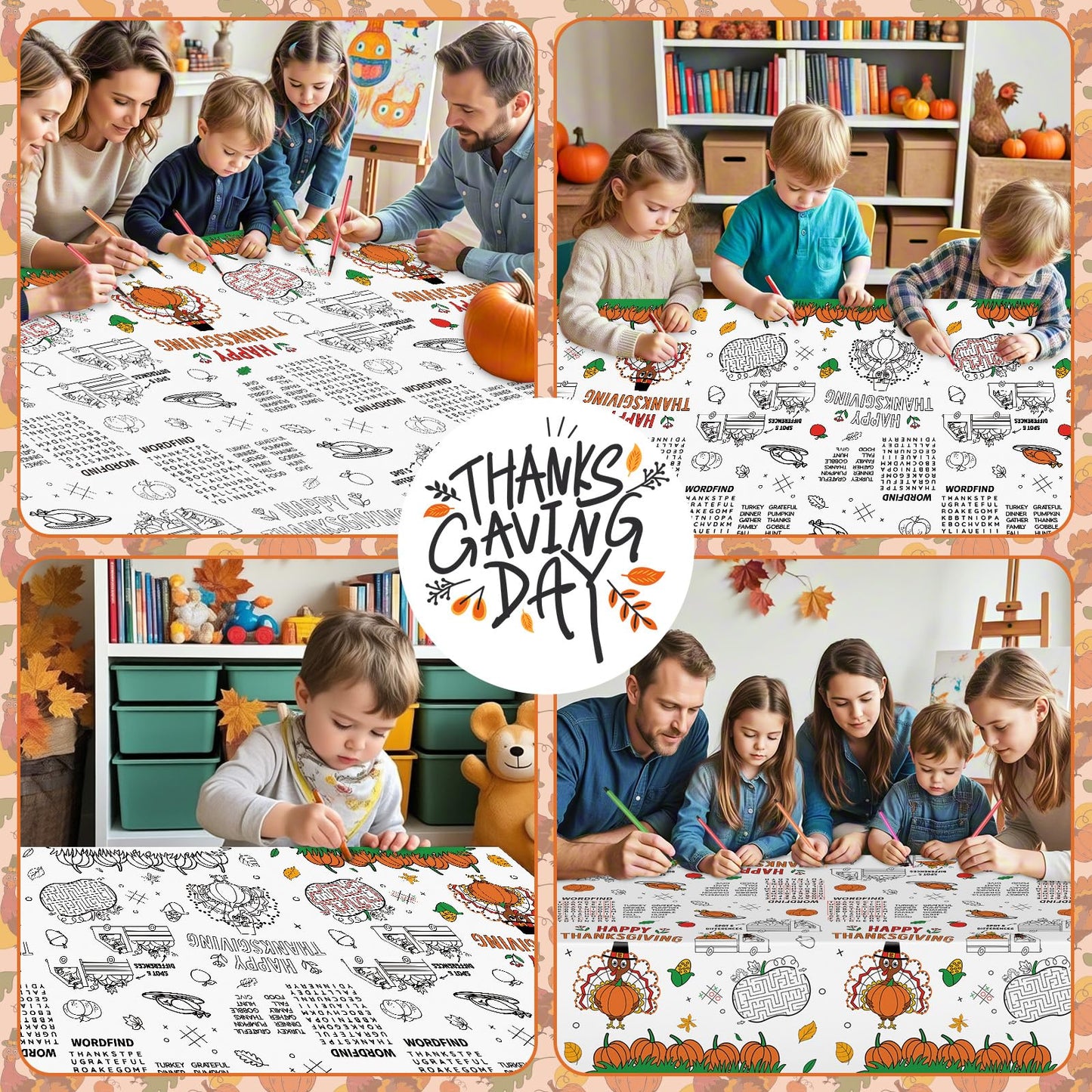 Happy Thanksgiving Coloring Tablecloth for Kids-Giant Thanksgiving Paper Activity Table Cover, Jumbo Fall Turkey Coloring Games Poster Crafts