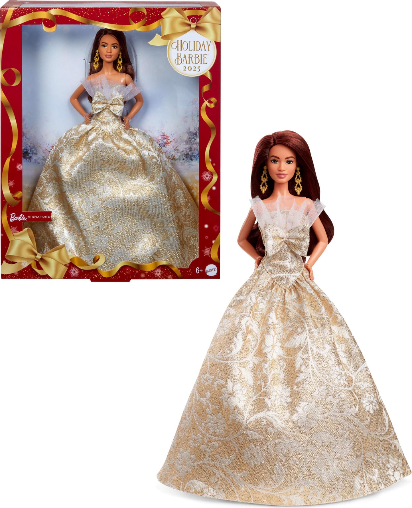 Barbie Signature 2025 Holiday Fashion Doll with Dark Brown Hair Wearing Silver & Gold Gown, Seasonal Collectible Includes Displayable Packaging & Doll