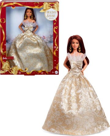 Barbie Signature 2025 Holiday Fashion Doll with Dark Brown Hair Wearing Silver & Gold Gown, Seasonal Collectible Includes Displayable Packaging & Doll