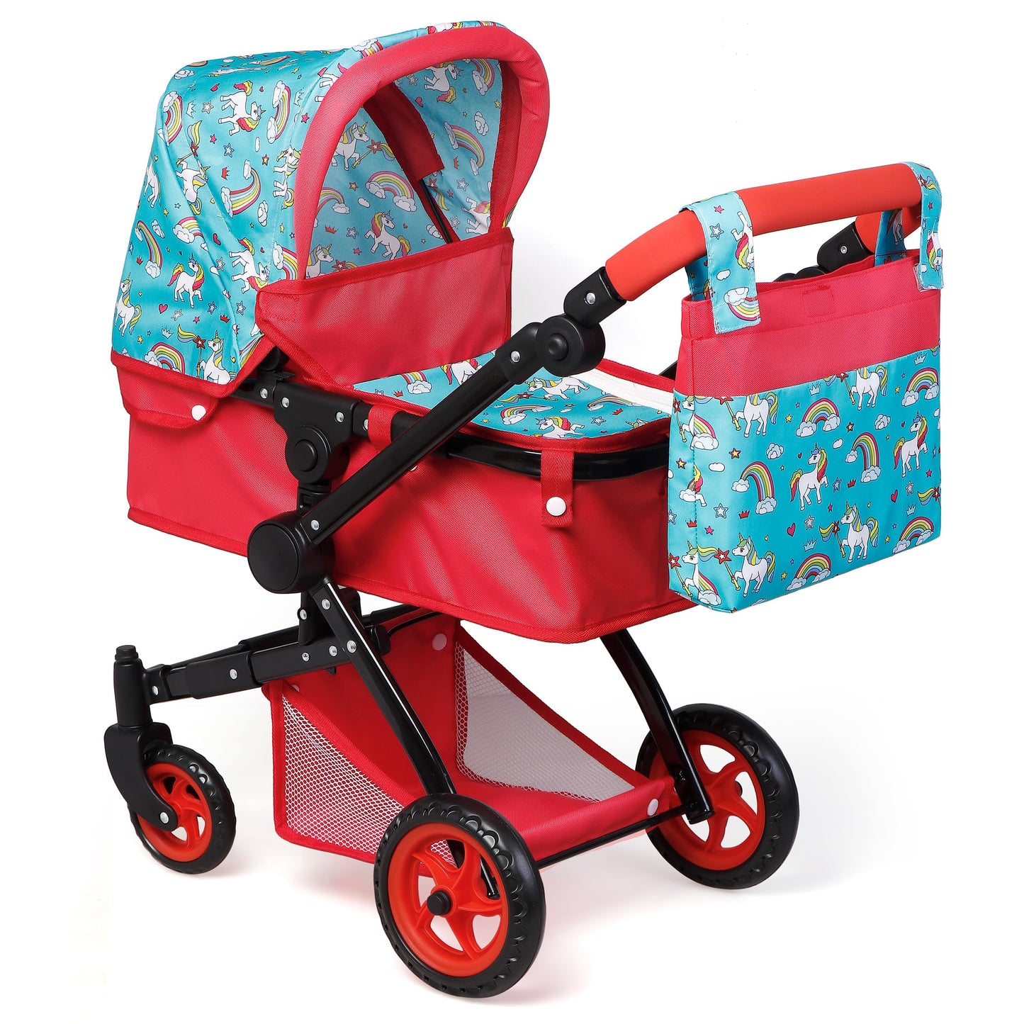 New - Fash n kolor® Baby Doll Stroller, Foldable Pram for Baby Doll - Cute Unicorn Design Doll Toy Stroller with Swiveling Wheel, Adjustable Handle