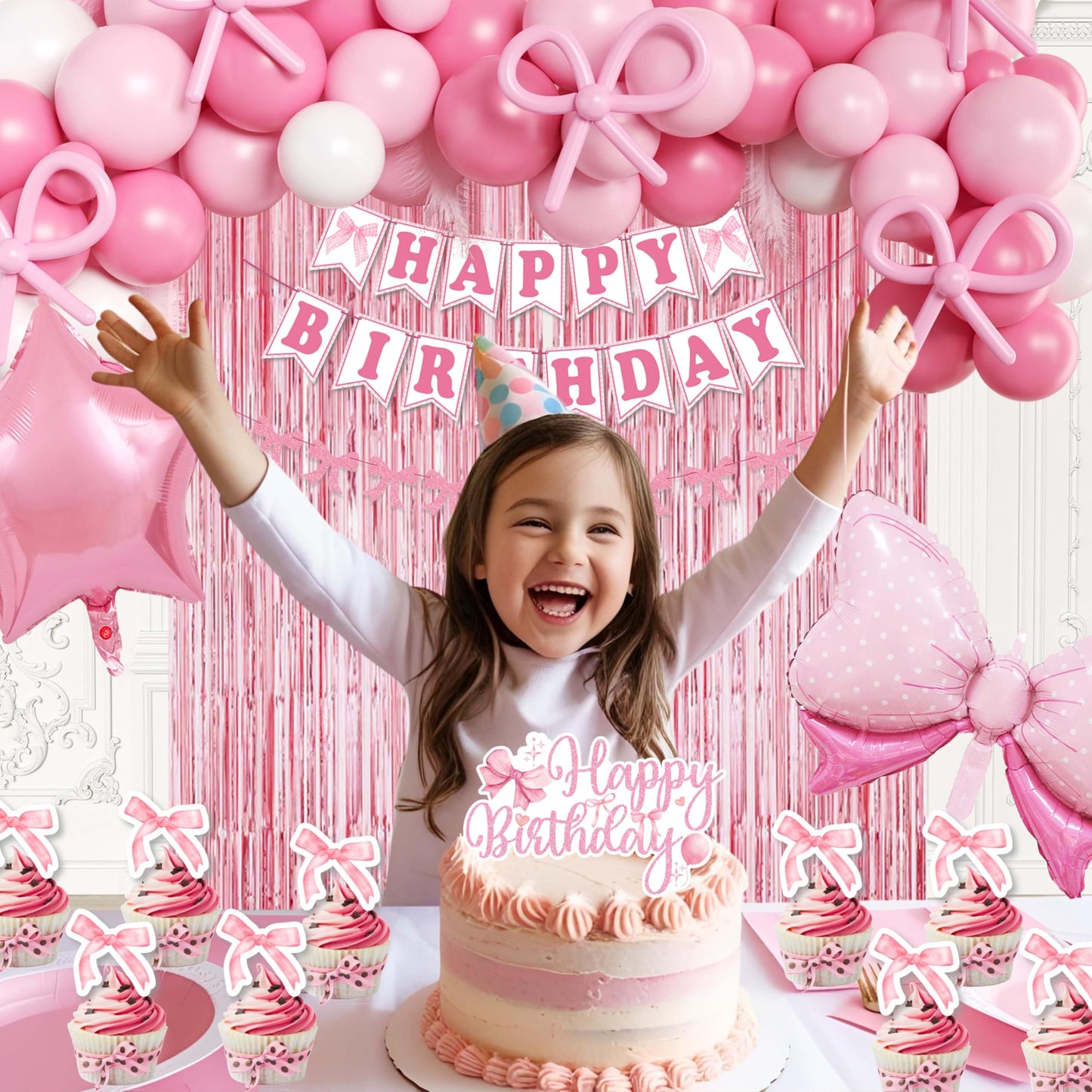 Pink Bow Birthday Decorations for Girls Women, Coquette Birthday Decorations, Fringe Curtain, Foil Balloons, Cake Toppers, Bows Theme Party Decor Girl