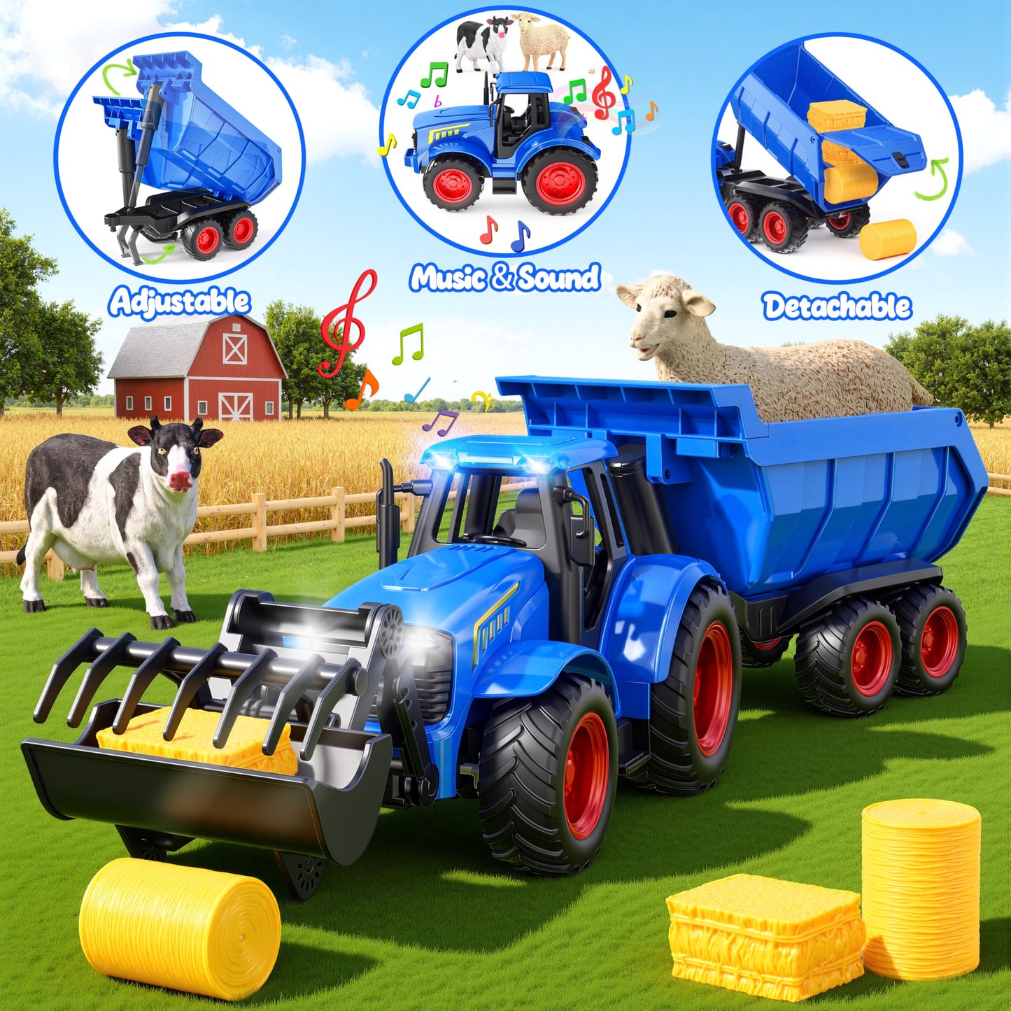 Funwee RC Tractor Toy Set with Light & Sound, Kids Farm Car Animal Trailer Wheels Remote Truck, Outdoor Vehicle Toys for 3-7+ Years Old Toddler Boy