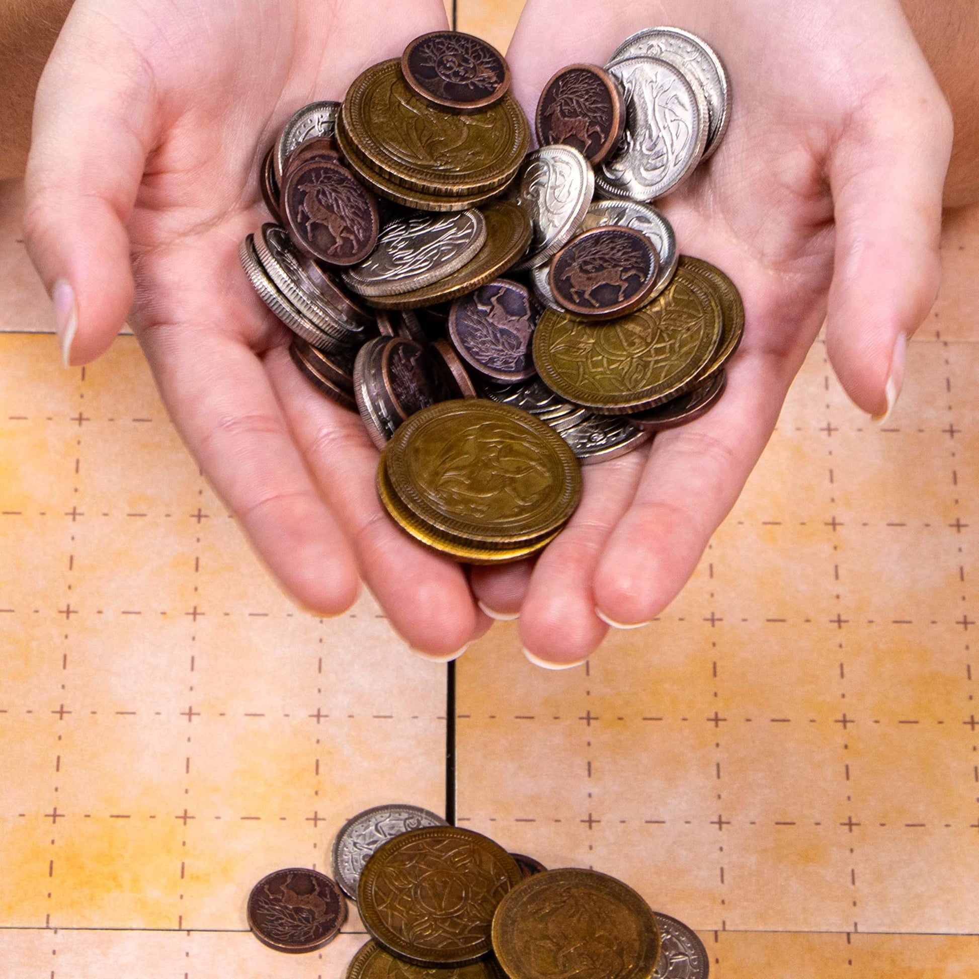 The Dragon's Hoard: 60 Real Metal Fantasy Coins with Leather Pouch | Board Game Accessory for Tabletop RPG Role-Play Strategy Games | Bronze, Silver