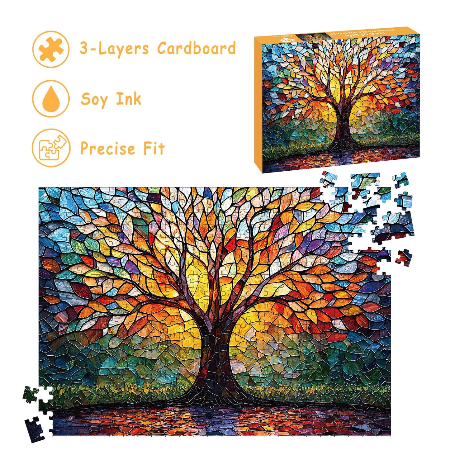 Puzzles for Adults 500 Pieces, Stained Glass Jigsaw Puzzles - Tree of Life, Impossible Tree Puzzle, Finished Size 20.47 * 14.96”, with 1:1 Poster