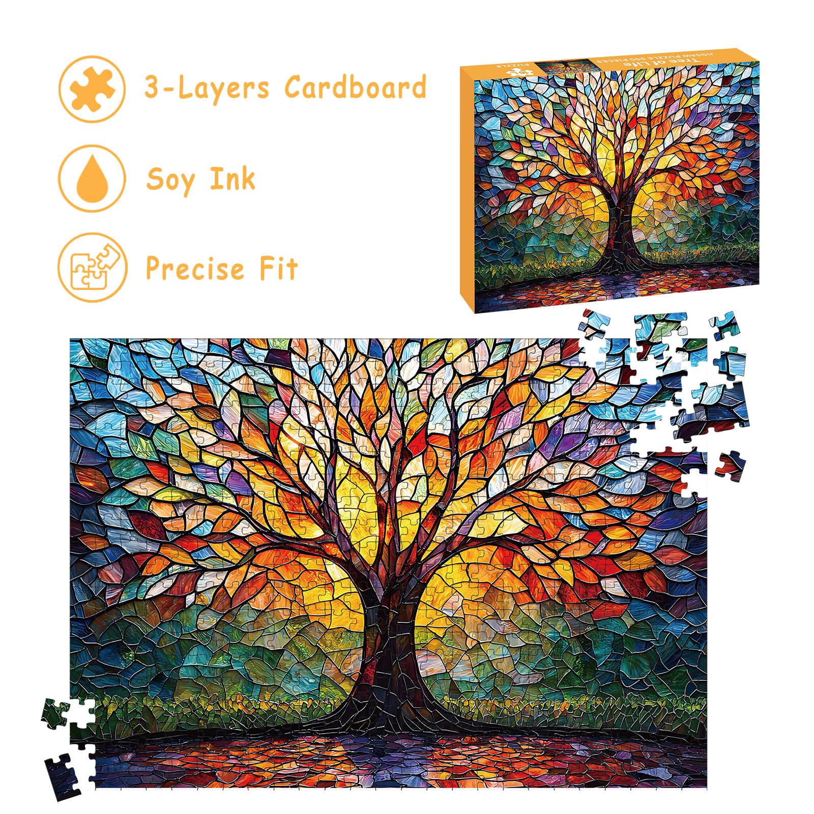 Puzzles for Adults 500 Pieces, Stained Glass Jigsaw Puzzles - Tree of Life, Impossible Tree Puzzle, Finished Size 20.47 * 14.96”, with 1:1 Poster
