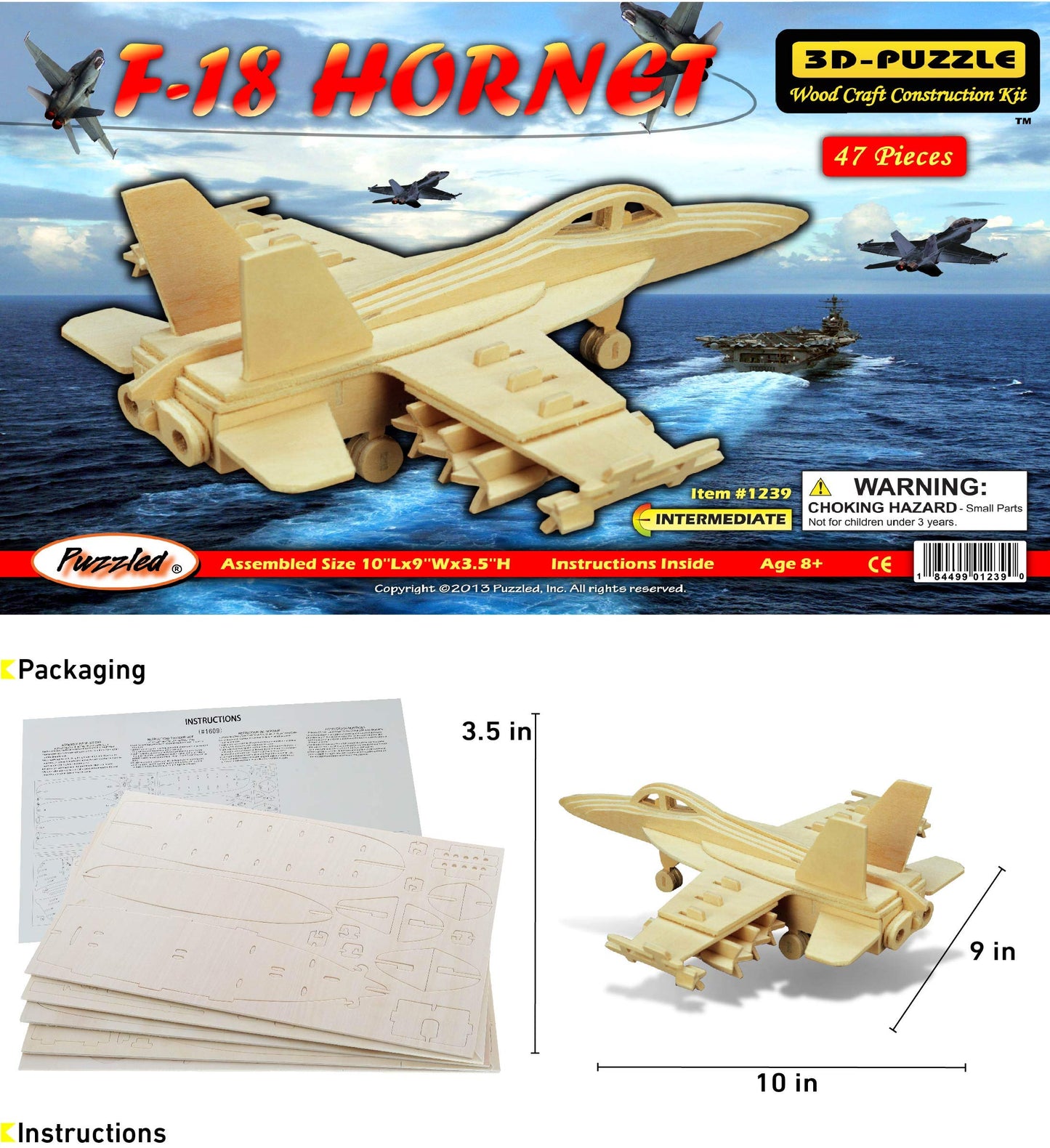 Puzzled 1239 F18 Hornet 3D Jigsaw Woodcraft Kit Puzzle, One Size, Tan (Pack of 47)