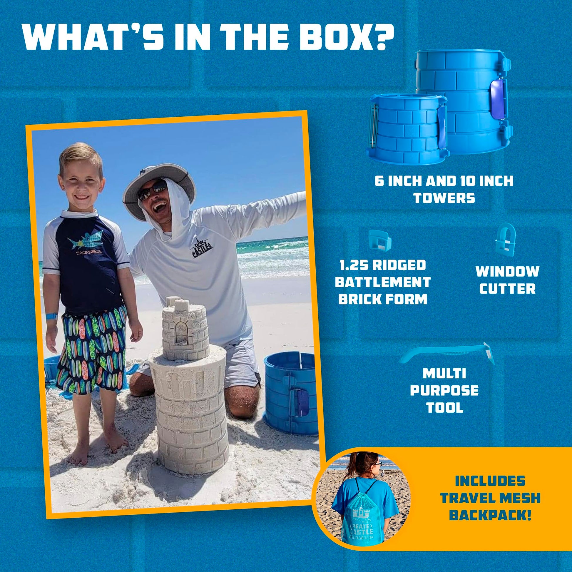 Create A Castle Sandcastle Kit as Seen on Shark Tank, 6 Piece Outdoor Beach Toy Set for Kids and Adults, Towers, Building Tools, Portable Mesh Storage