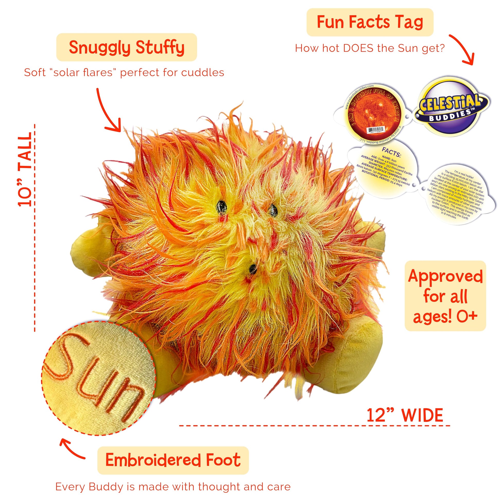 Celestial Buddies Sun Buddy | 12" Soft Stuffed Plush, Embroidered Features, Fun Planet Facts Tag for Kids - STEM Learning, Educational Gift, Classroom
