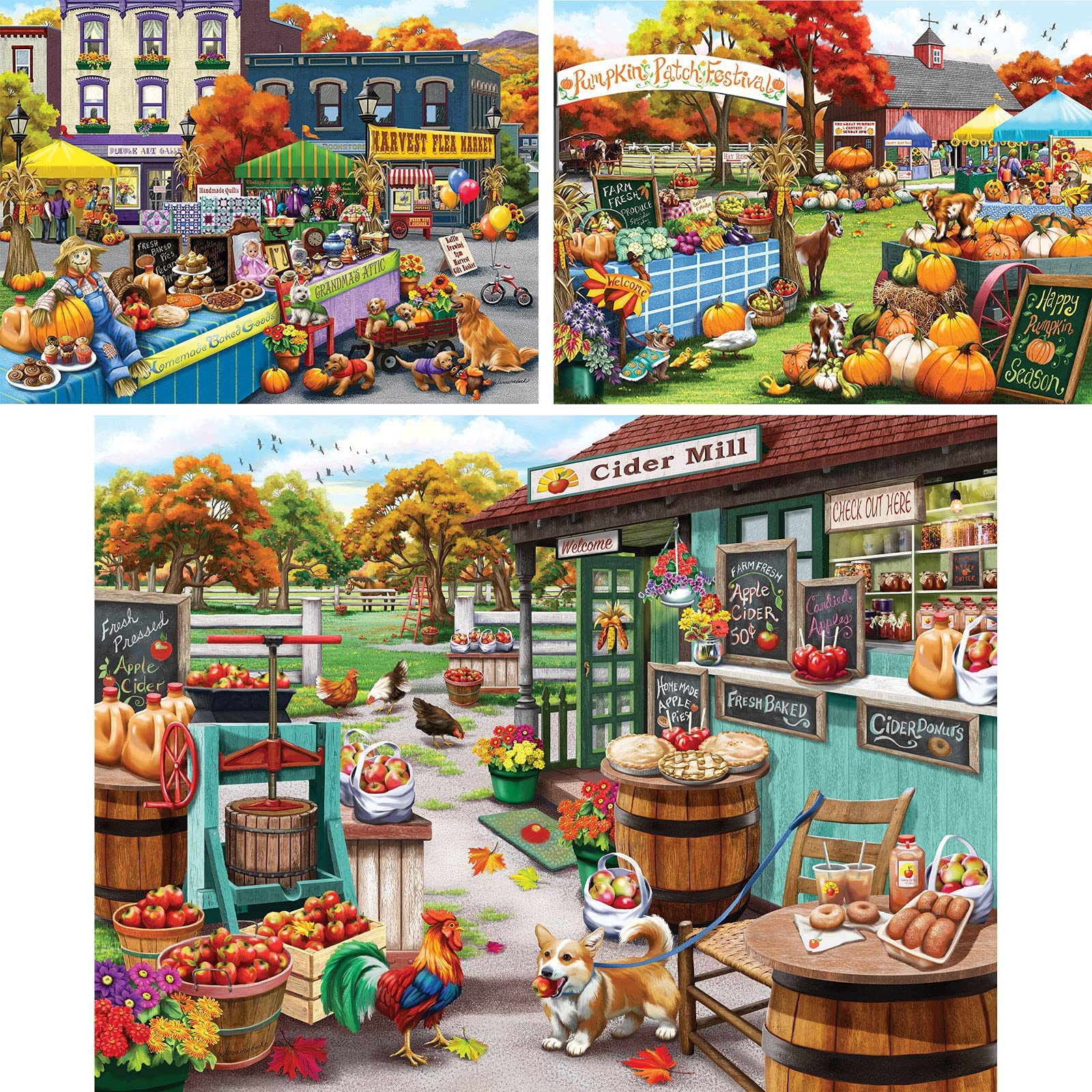 Bits and Pieces - Value Set of Three 500 Piece Jigsaw Puzzles for Adults - Harvest Flea Market, Pumpkin Festival, Visiting The Cider Mill Artist Nancy