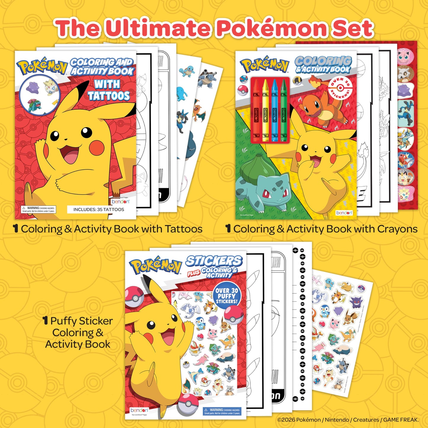 Pokémon Coloring Book Bundle for Kids - 3-Pack Activity Set with Coloring Books, Tattoos, Crayons, and Puffy Stickers, Ages 3+