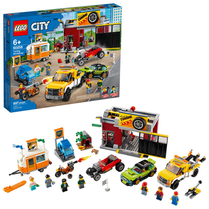 LEGO City Tuning Workshop 60258, Features a Toy Garage, Car Shop, Camping Trailer, Motorcycle, Crane and Tow Truck in One Fun Playset, Makes a Great