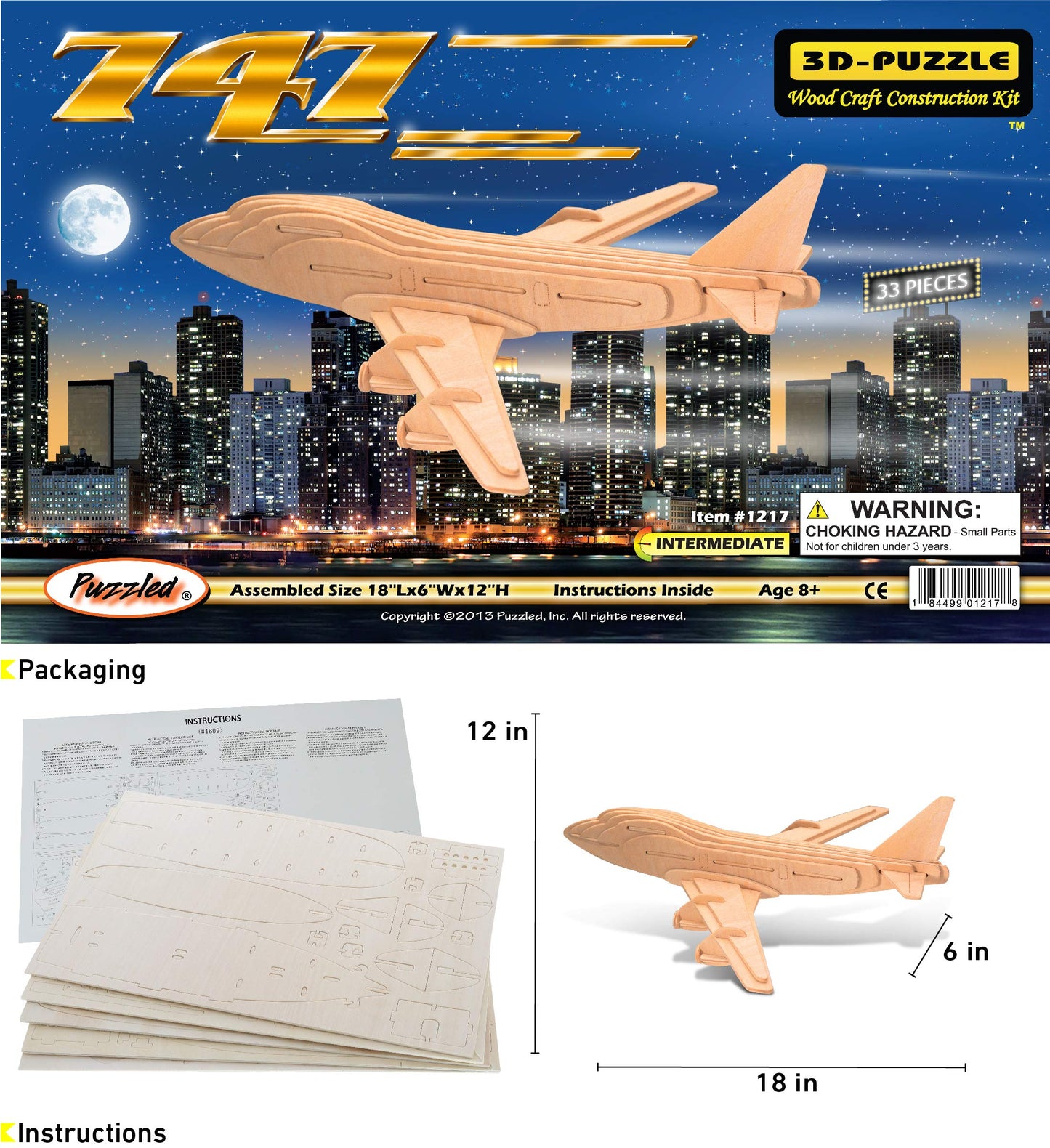 Puzzled 747 Jet Plane 3D Puzzle Wood Craft Construction Kit Aircraft, Fun & Educational DIY Wooden Toy Assemble Model Unfinished Craft Hobby Airplane