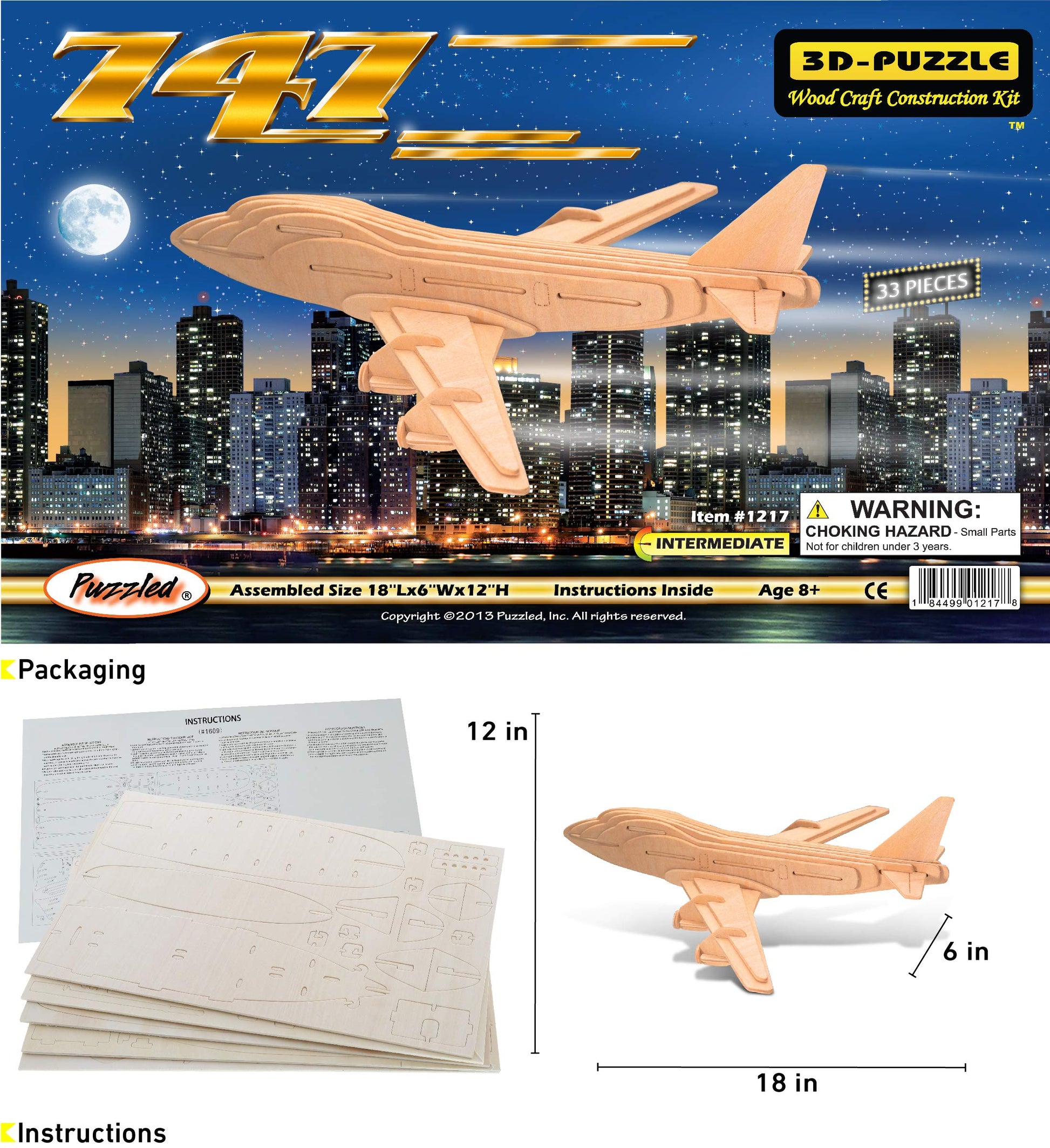 Puzzled 747 Jet Plane 3D Puzzle Wood Craft Construction Kit Aircraft, Fun & Educational DIY Wooden Toy Assemble Model Unfinished Craft Hobby Airplane