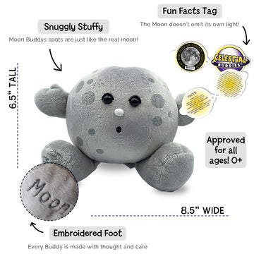 Celestial Buddies Moon Buddy | 8.5" Soft Stuffed Plush, Embroidered Features, Fun Planet Facts Tag for Kids - STEM Learning, Educational Gift