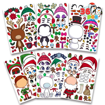 JOYIN 36 Pcs Christmas Make-a-face Sticker Sheets Make Your Own Xmas Characters Mix and Match Sticker with Full Body Design Reindeer, Snowman, Elf