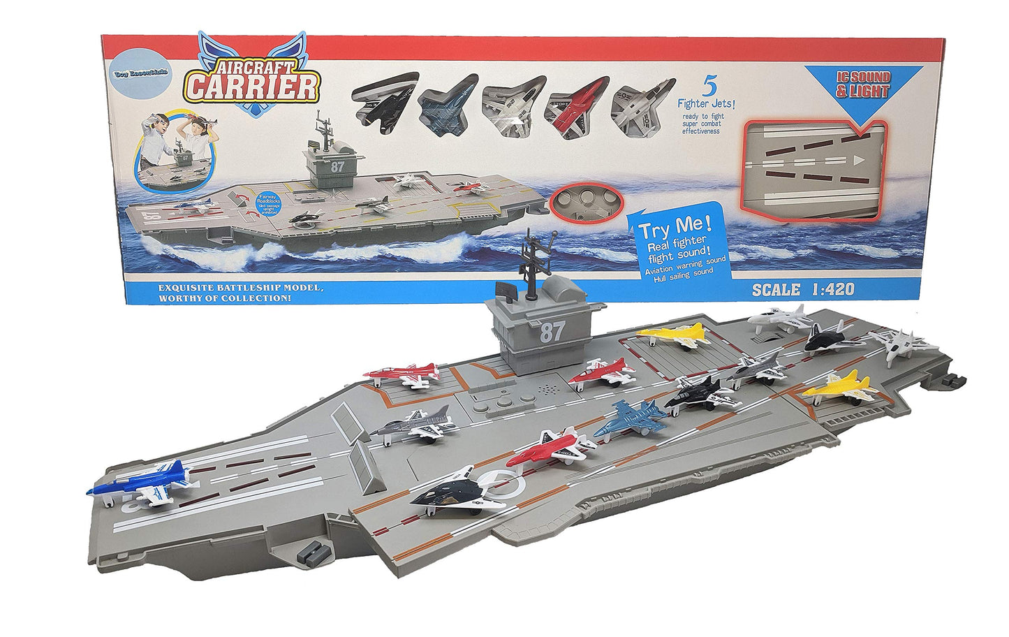30 Inch Aircraft Carrier Toy Sound Effects, Light Up (14 Fighter Jets)
