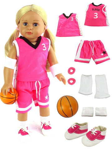 American Fashion World Pink Basketball Uniform for 18-Inch Dolls | Accessories Included | Premium Quality & Trendy Design