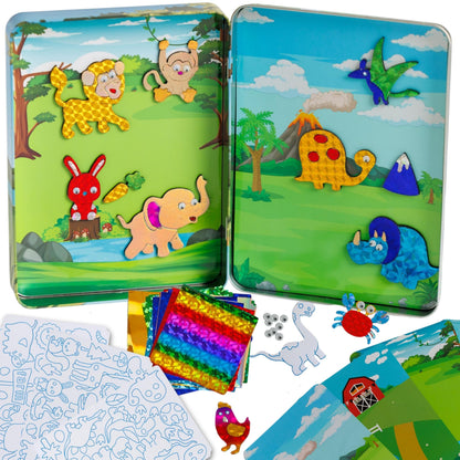 Foil Fun Art Kit for Kids in Tin Box - Reusable Animal Foil Art for Girls & Boys, DIY Mess-Free Girls Craft Kit w/Magnets, Ideal Travel Toy & in Car