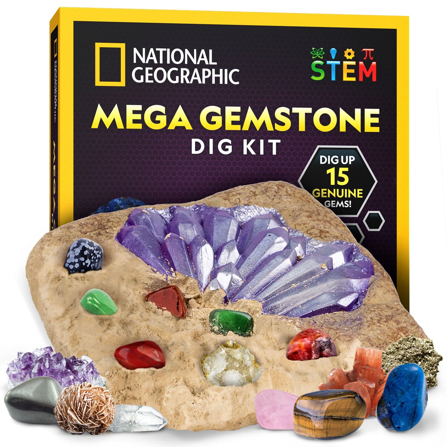 NATIONAL GEOGRAPHIC Mega Gemstone Dig Kit - Dig Up 15 Real Gemstones and Crystals, Science Kit for Kids, Gem Digging Kit, Gift for Girls and Boys