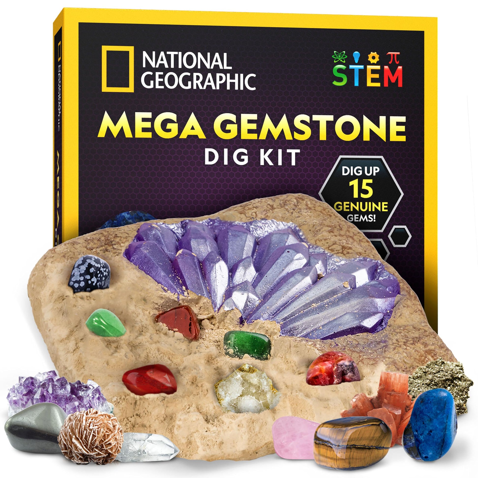NATIONAL GEOGRAPHIC Mega Gemstone Dig Kit - Dig Up 15 Real Gemstones and Crystals, Science Kit for Kids, Gem Digging Kit, Gift for Girls and Boys