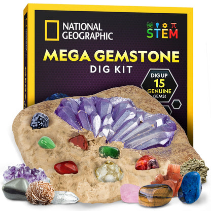 NATIONAL GEOGRAPHIC Mega Gemstone Dig Kit - Dig Up 15 Real Gemstones and Crystals, Science Kit for Kids, Gem Digging Kit, Gift for Girls and Boys