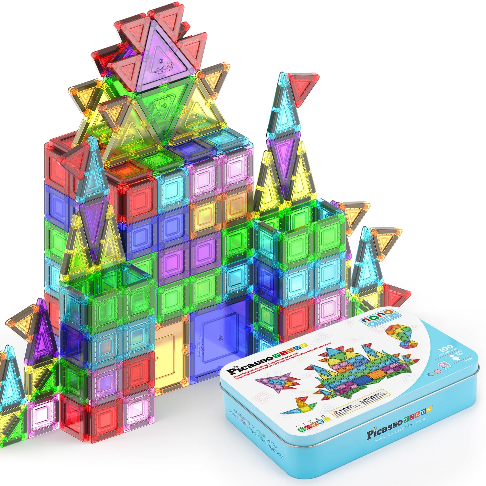PicassoTiles 100PC Travel Nano Magnetic Tiles Construction Building Blocks Toy with Storage Case Educational STEM Learning Build Kit 3D Magnet Tile