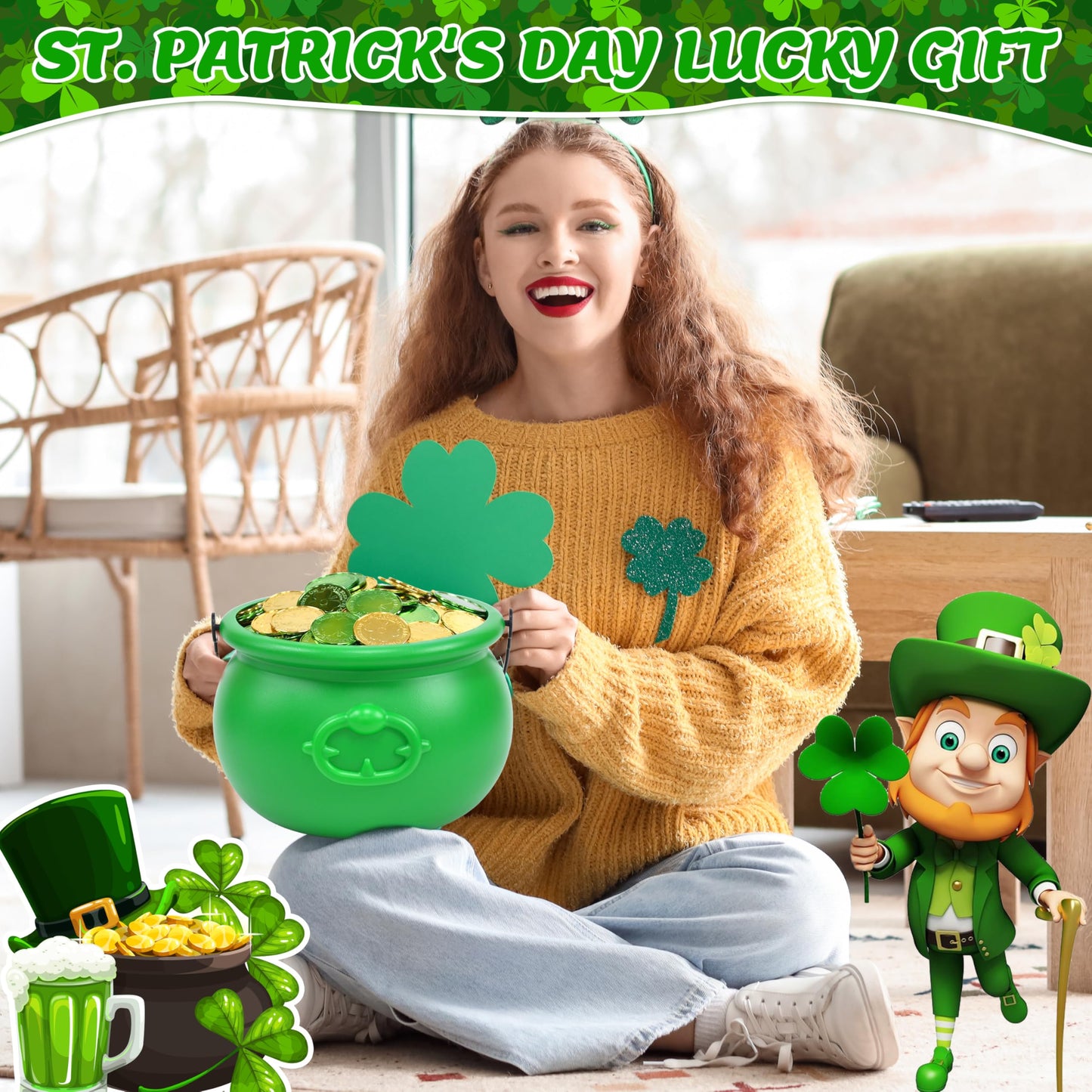 Hoplito 8 Inch St Patricks Day Green Pot with 120 Green & Gold Plastic Lucky Coins Candy Bucket Reusable Pot for St Patrick's Day Decorations Irish